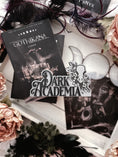 Load image into Gallery viewer, Dark Academia Sign. Grey wooden block sign with 3D text that reads "DARK ACADEMIA" beside a skull and flowers.