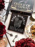 Load image into Gallery viewer, Dark Romance Book Club Sign . A decorative wooden book club sign with a dark brown border and black background. UV printed design that reads "DARK ROMANCE" at the top, and "Book Club Morally Grey Division" on the bottom. 2025 FireDrake Artistry®