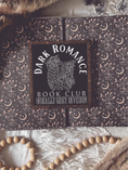 Load image into Gallery viewer, Dark Romance Book Club Sign . A decorative wooden book club sign with a dark brown border and black background. UV printed design that reads "DARK ROMANCE" at the top, and "Book Club Morally Grey Division" on the bottom. 2025 FireDrake Artistry®