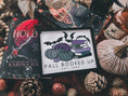 Load image into Gallery viewer, Fall Booked Up Sign - Purple Version- ©️ Fire Drake Artistry 2025. Wooden sign with white background and black frame, UV printed design with a cluster of pumpkins beside a stack of books and bats flying around.
