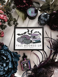 Load image into Gallery viewer, Fall Booked Up Sign - Purple Version- ©️ Fire Drake Artistry 2025. Wooden sign with white background and black frame, UV printed design with a cluster of pumpkins beside a stack of books and bats flying around.