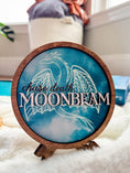 Load image into Gallery viewer, Round wooden sign with 'MOONBEAM' text and dragon design