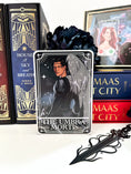 Load image into Gallery viewer, Tarot Card titled "The Umbra Mortis" with an image of a warrior with wings printed on it, in front of books by Sarah J. Mass, flowers, and other bookish items.
