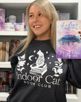 Load image into Gallery viewer, Dark heather indoor cat crew neck sweatshirt by FireDrake Artistry™. Modeled by @samsbookstagram