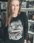 Load image into Gallery viewer, Cliterature is Literature Dark Bookstack Unisex Long Sleeve Tee for FireDrake Artistry Photo by @athousandbookishlives