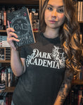Load image into Gallery viewer, Dark Academia Unisex t-shirt - White Design for FireDrake Artistry Photo by @pages_of_ash_and_starlight