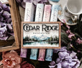 Load image into Gallery viewer, Wooden sign with mountain and lake scene. "Cedar Ridge Washington" printed on the top of the sign. Books, flowers. and teacup in the background.