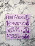 Load image into Gallery viewer, High Fantasy, Romantasy, Small Town Romance, and Monster Romance Shelf Marks™ in Light Purple & Dark Purple by FireDrake Artistry®