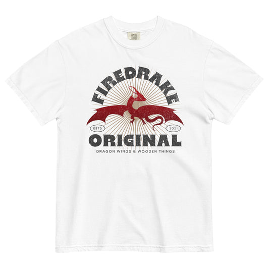 "FireDrake Original - Dragon Wings & Wooden Things" T-Shirt by FireDrake Artistry™, white color