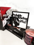Load image into Gallery viewer, Probably Reading Smut shelf sign - FireDrake Artistry. White background with black overlay, girl reading book.