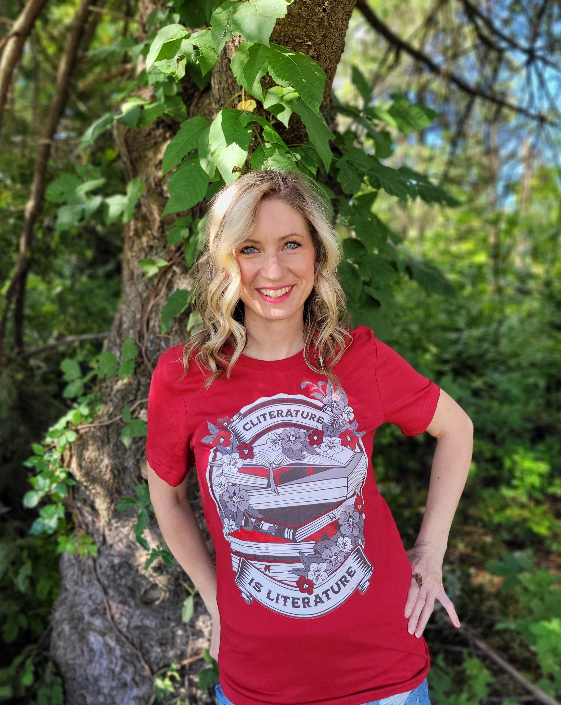 Cliterature is Literature Dark Bookstack Unisex t-shirt for FireDrake Artistry Photo by @@kcbooklover