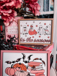 Load image into Gallery viewer, Tis the Season Ghosts Sign - Pink Fall version. A decorative wooden sign featuring UV-printed cartoon ghosts, pumpkins, and the phrase 'tis the season'. FireDrake Artistry 2024
