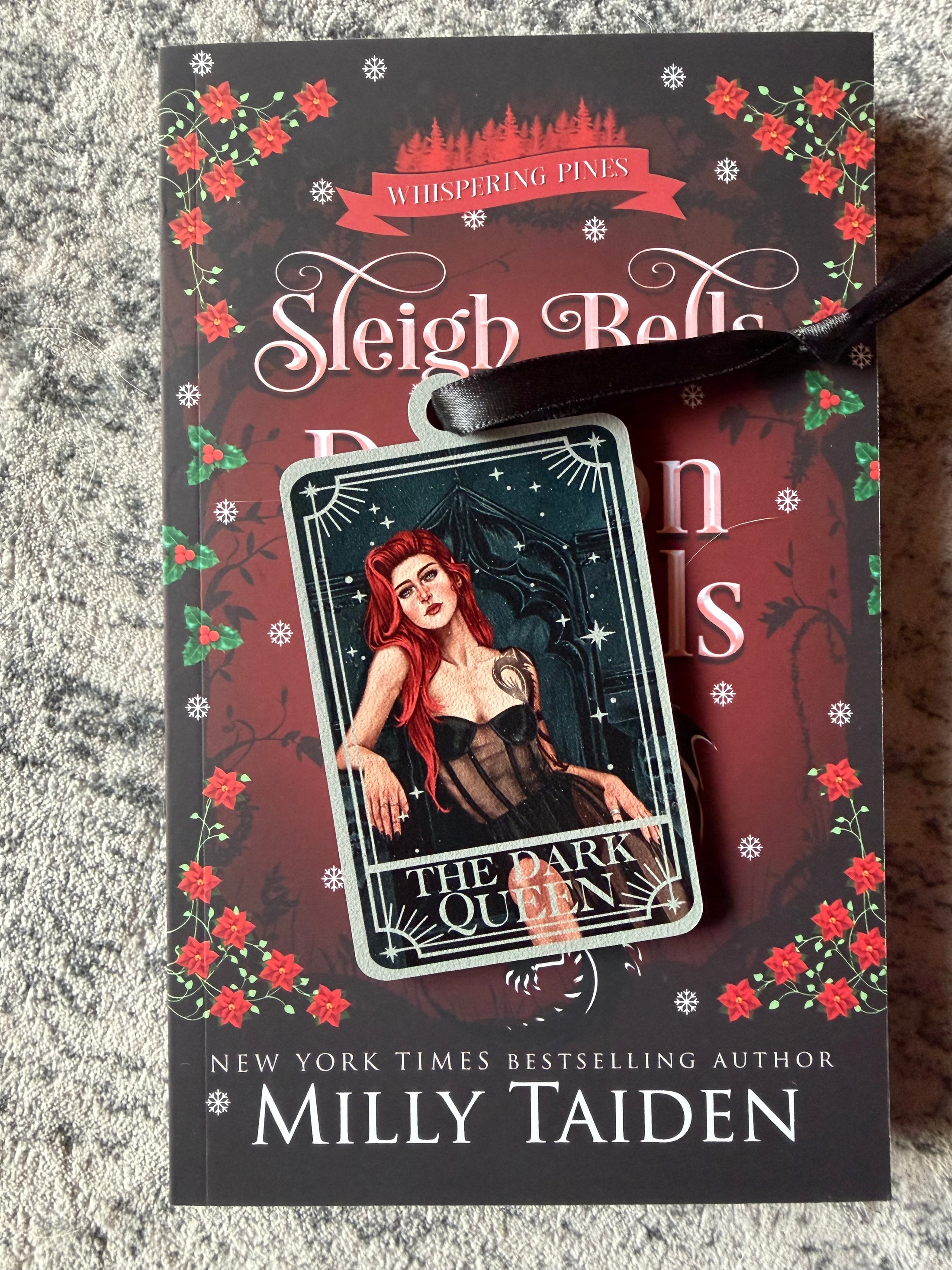 Tarot Card ornament titled "The Dark Queen" with black ribbon and book underneath.