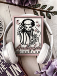 Load image into Gallery viewer, Audiophile Book Club Sign. White wooden sign with a lilac border. Bat design with headphones surrounded by flowers, with words below that read "Audiophile Book Club". 2023 FireDrake Artistry®
