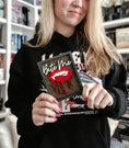 Load image into Gallery viewer, Bite Me Shelf Sign - FireDrake Artistry® wooden sign with natural background, dark grey frams, white "Bite Me" wording and red vampire lips.
