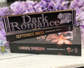Load image into Gallery viewer, Vertical Black & Purple Dark Romance Shelf Mark™. Black wood background with purple UV printed text that reads “Dark Romance” featuring a rib cage surrounded by flowers.  ©️2024 FireDrake Artistry® 
