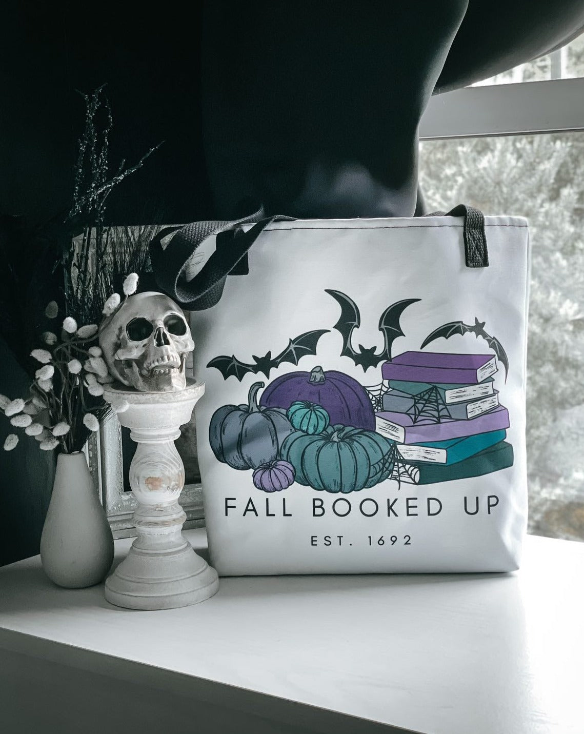 Fall Booked Up Tote in purple turquise, and black on white canvas tote bag with black handles. FireDrake Artistry ™
