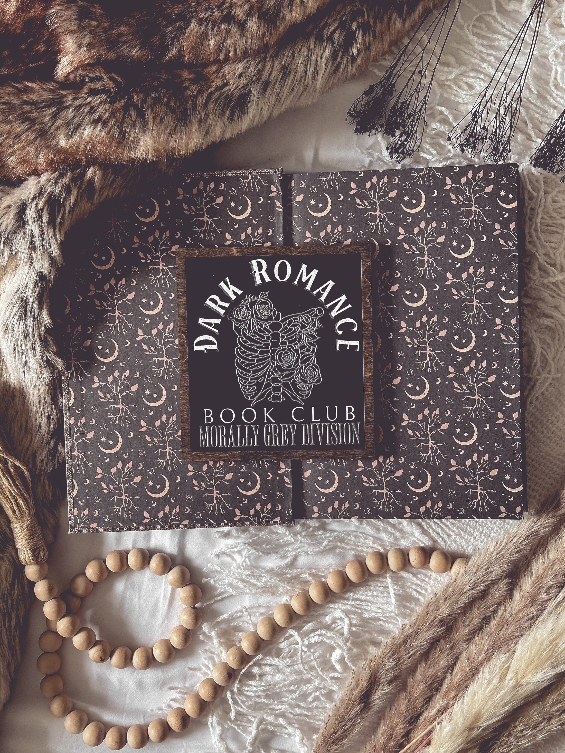 Dark Romance Book Club Sign . A decorative wooden book club sign with a dark brown border and black background. UV printed design that reads "DARK ROMANCE" at the top, and "Book Club Morally Grey Division" on the bottom. 2025 FireDrake Artistry®