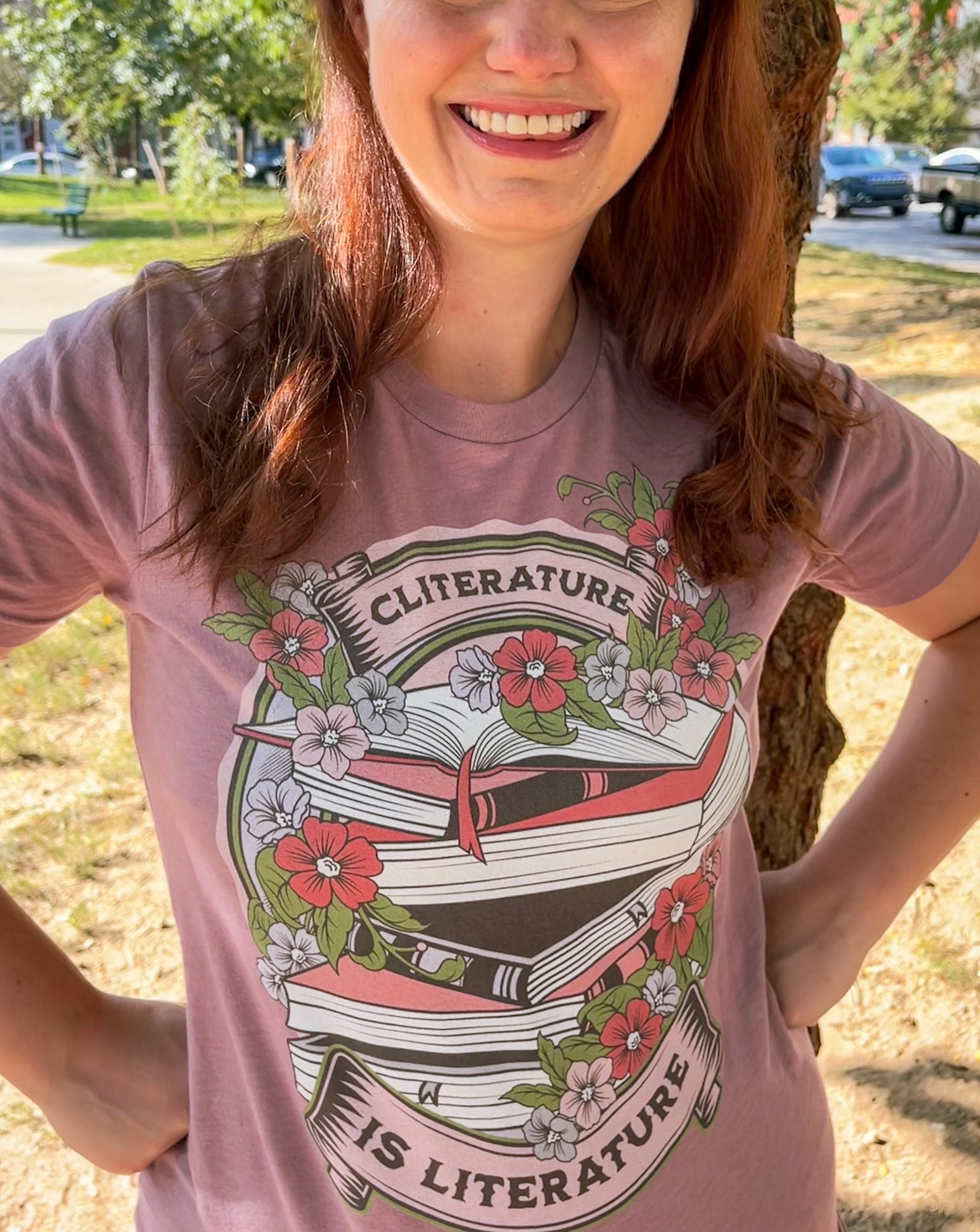 Cliterature is Literature Spring Bookstack Unisex t-shirt  for Fire Drake Artistry Photo by @jessielovenelit