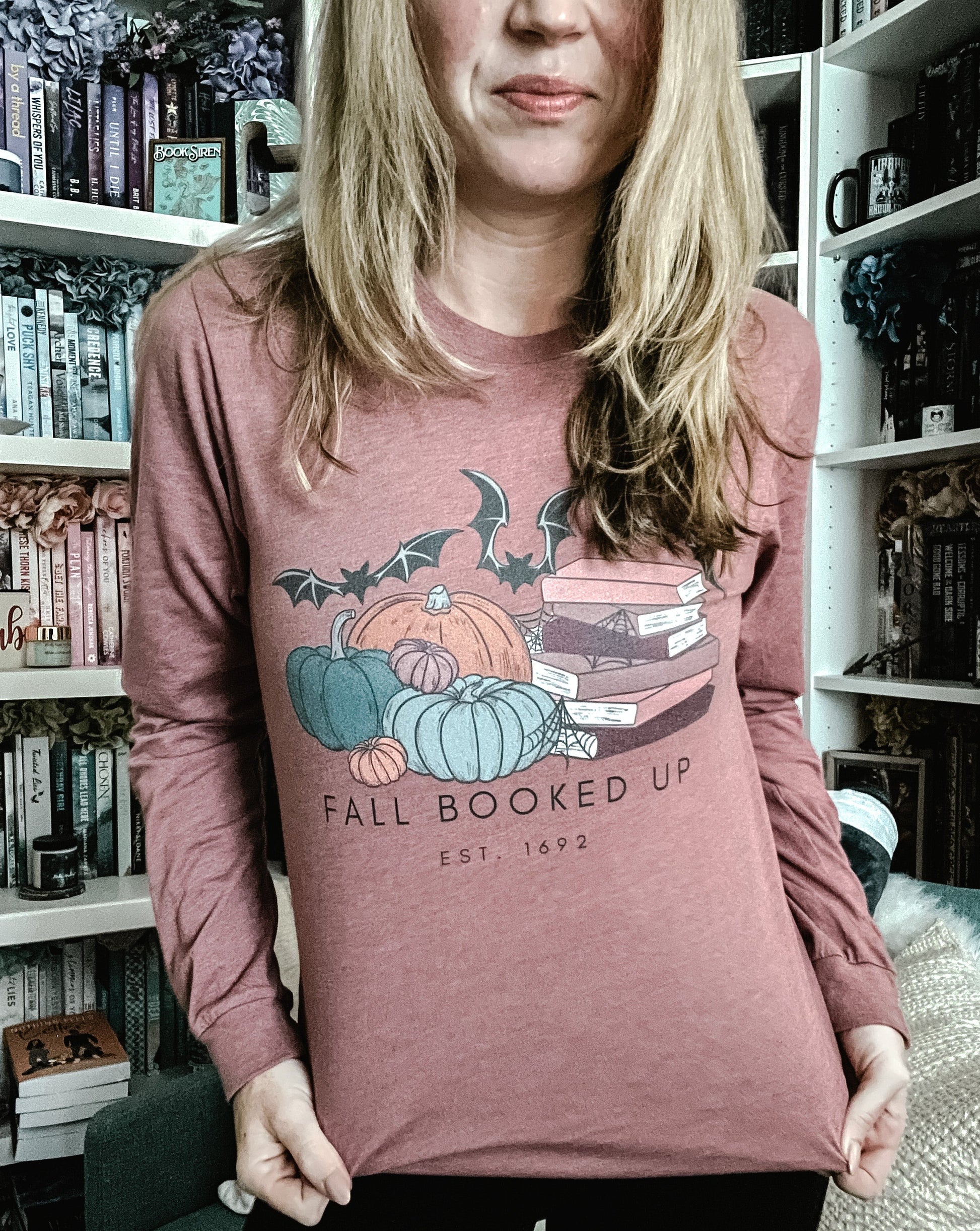 Fall Booked Up Unisex Long Sleeve Tee - Multicolor Books for FireDrake Artistry Photo by @themommabookclub