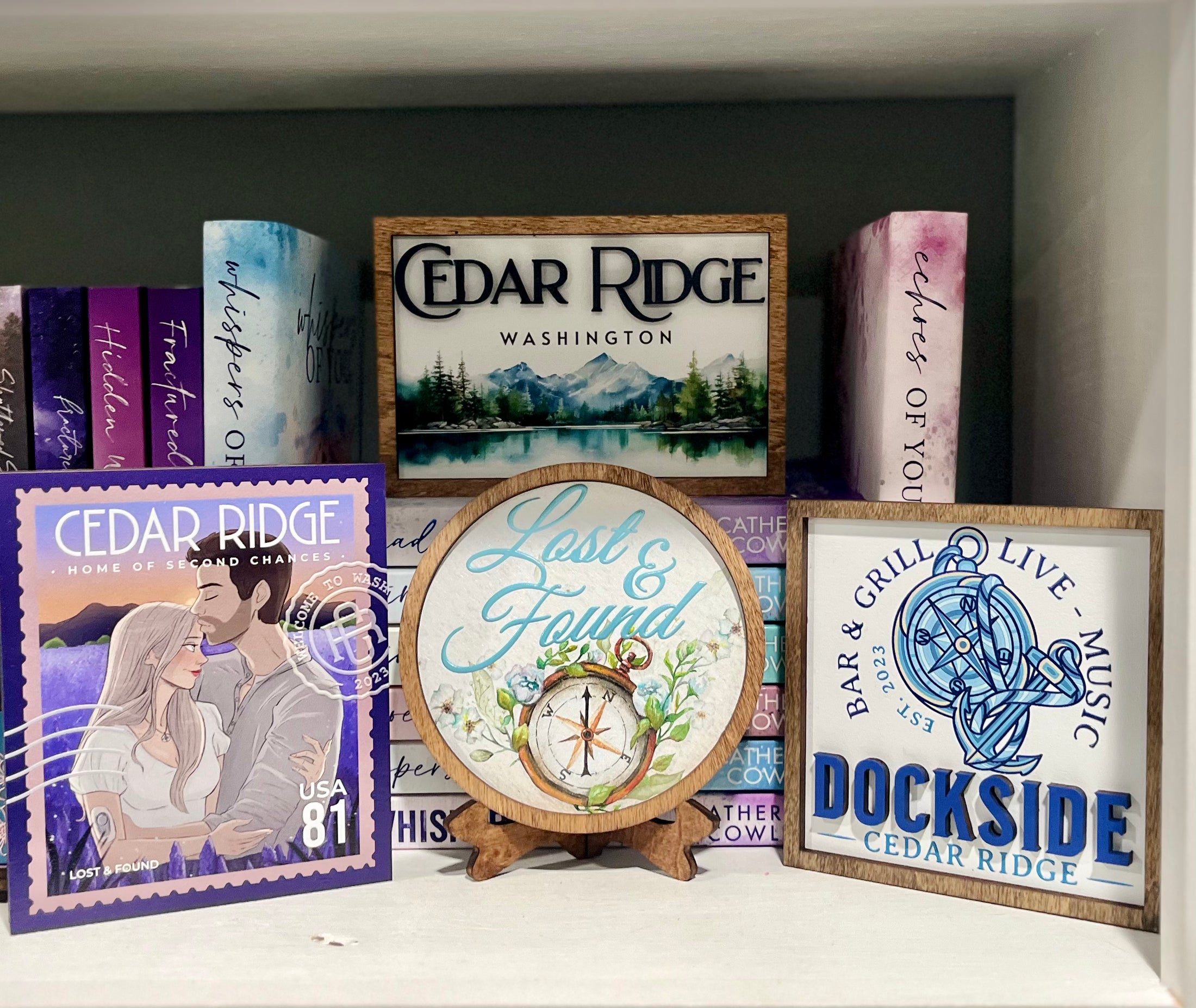 Cedar Ridge, Cedar Ridge Postcard Stamp, Lost & Found Compass, and Dockside Shelf Signs by FireDrake Artistry™