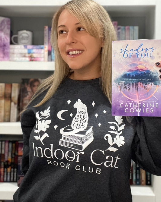 Dark heather indoor cat crew neck sweatshirt by FireDrake Artistry™. Modeled by @samsbookstagram