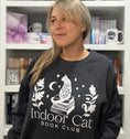 Load image into Gallery viewer, Dark heather indoor cat crew neck sweatshirt by FireDrake Artistry™. Modeled by @samsbookstagram
