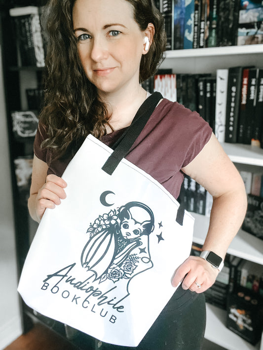 Audiophile Bookclub White Tote Bag from FireDrake Artistry™. Photo by @athousandbookishlives