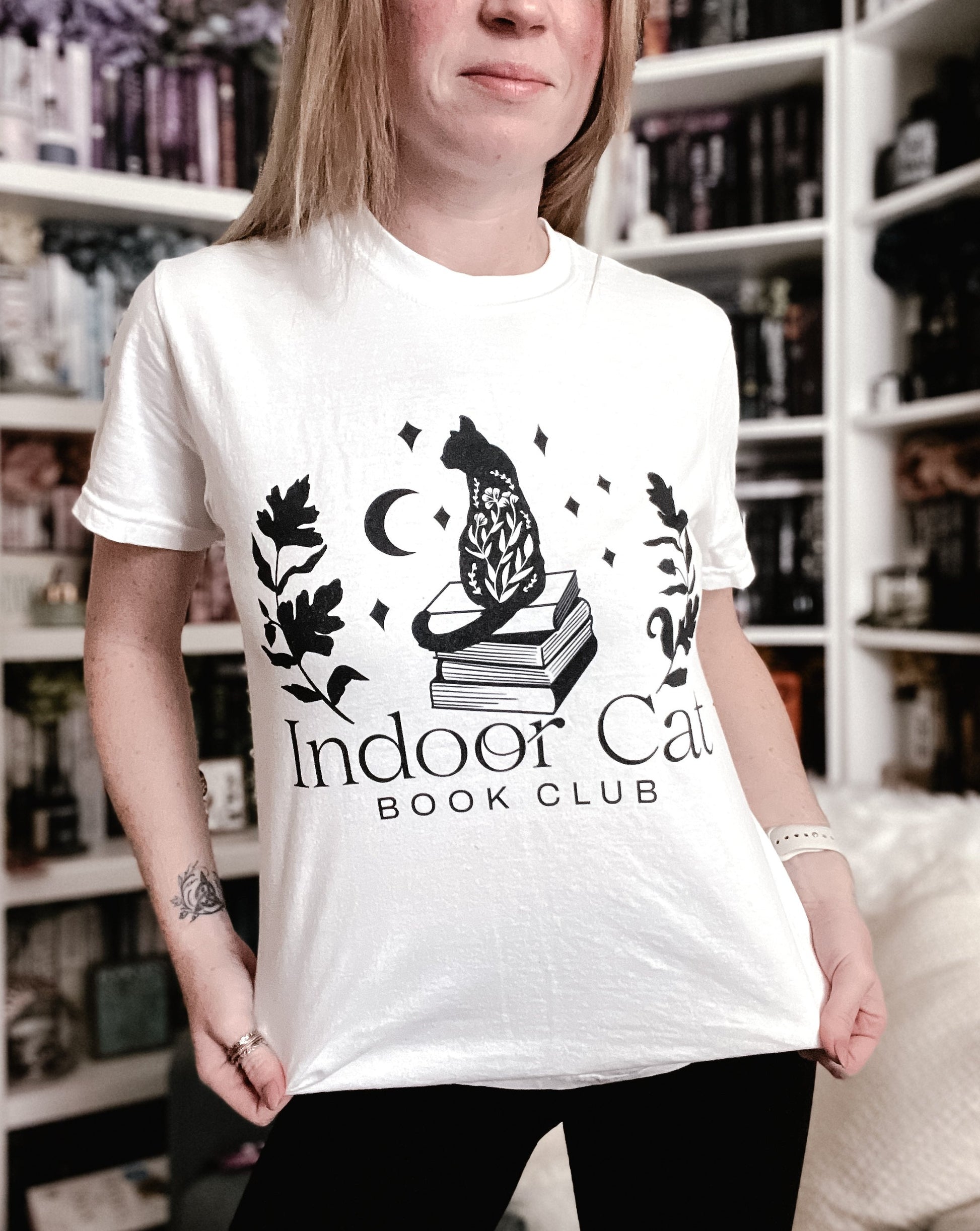 Indoor Cat t-shirt, white with black text. FireDrake Artistry™