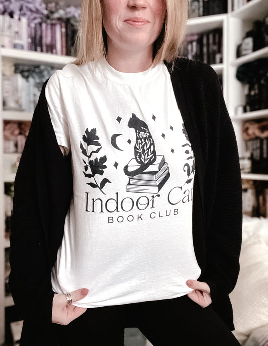 Indoor Cat t-shirt, white with black text. FireDrake Artistry™