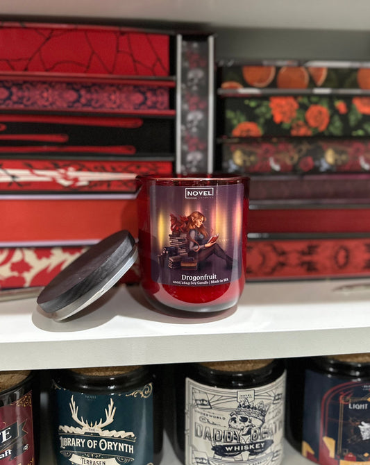 Dragon fruit candle from Novel Candle Co featuring the FireDrake Artistry™ alternate logo.