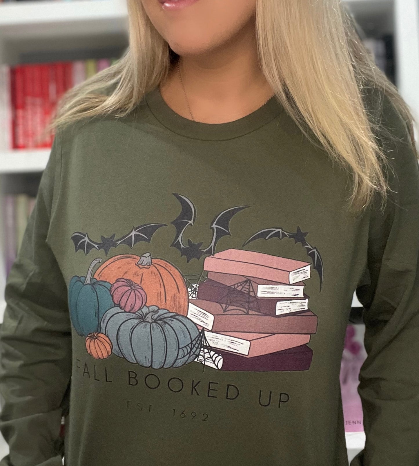 Fall Booked Up Unisex Long Sleeve Tee - Multicolor Books for FireDrake Artistry