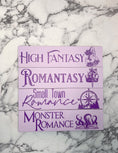 Load image into Gallery viewer, High Fantasy, Romantasy, Small Town Romance, and Monster Romance  Shelf Marks™ in Light Purple & Dark Purple by FireDrake Artistry™
