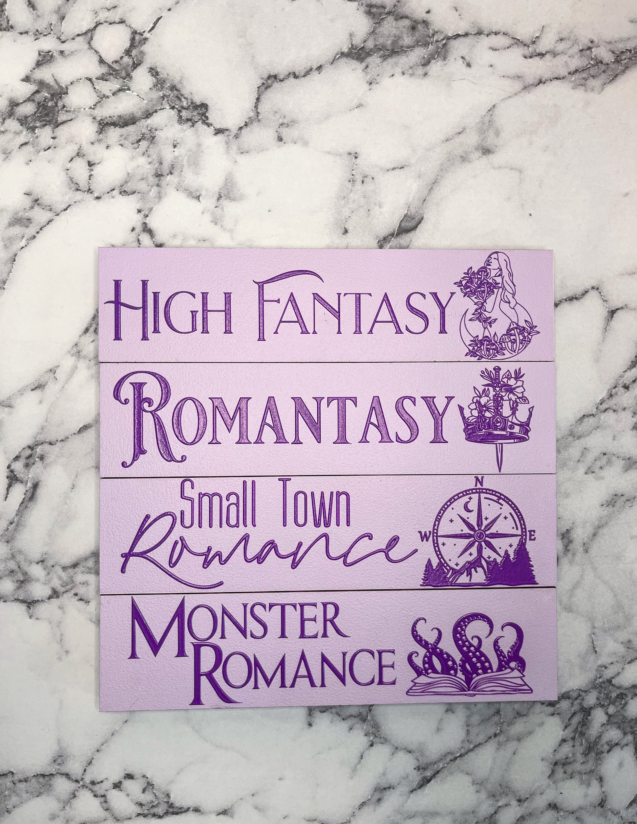 High Fantasy, Romantasy, Small Town Romance, and Monster Romance  Shelf Marks™ in Light Purple & Dark Purple by FireDrake Artistry™