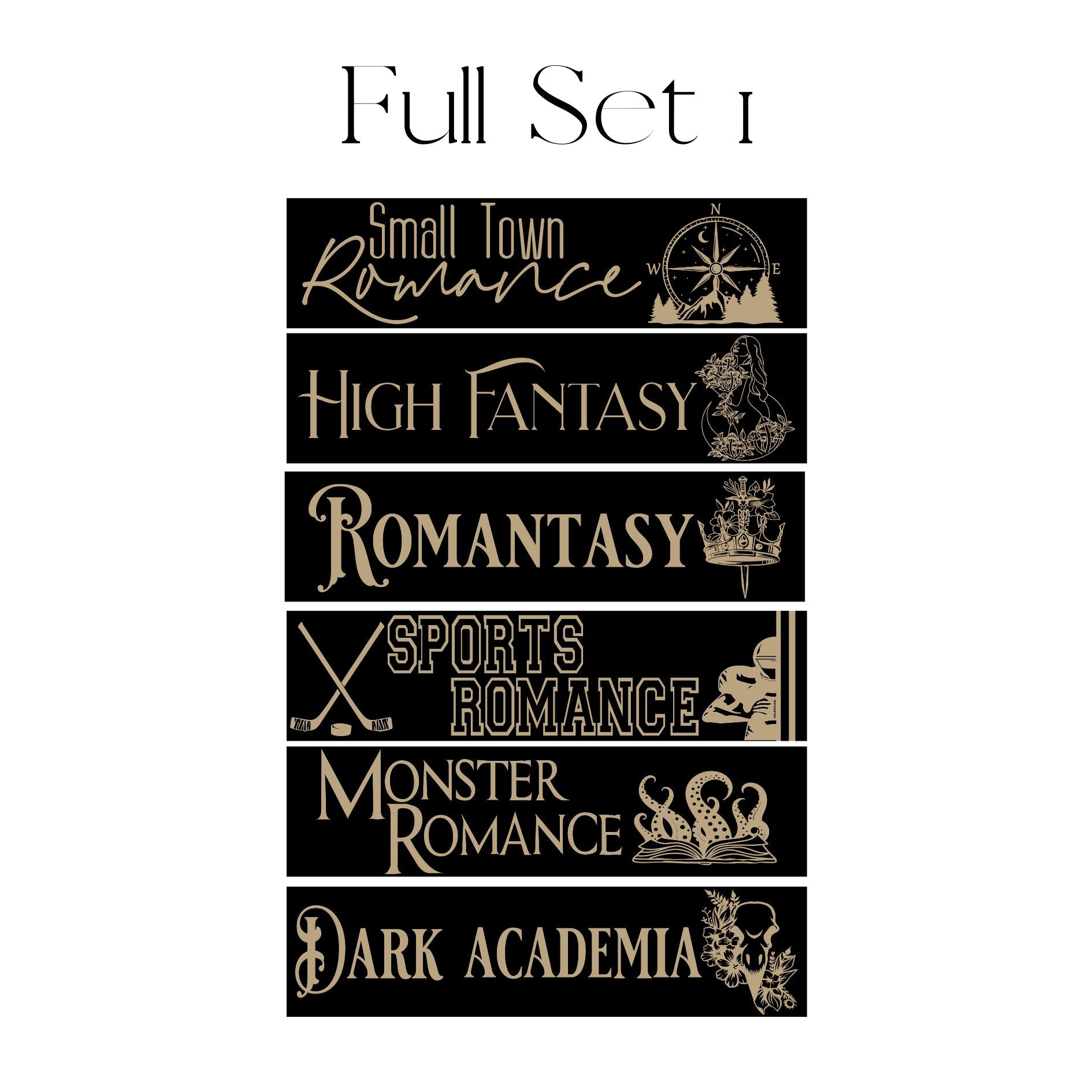 Full Shelf Mark™ Set 1 - Small Town Romance, High Fantasy, Romantasy, Sports Romance, Monster Romance, and Dark Academia. FireDrake Artistry™