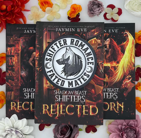 Shifter Romance - Fated Mates Round. White wooden round sign with a black border, UV printed wolf design with circling text that reads "SHIFTER ROMANCE FATED MATES". 2025 FireDrake Artistry®