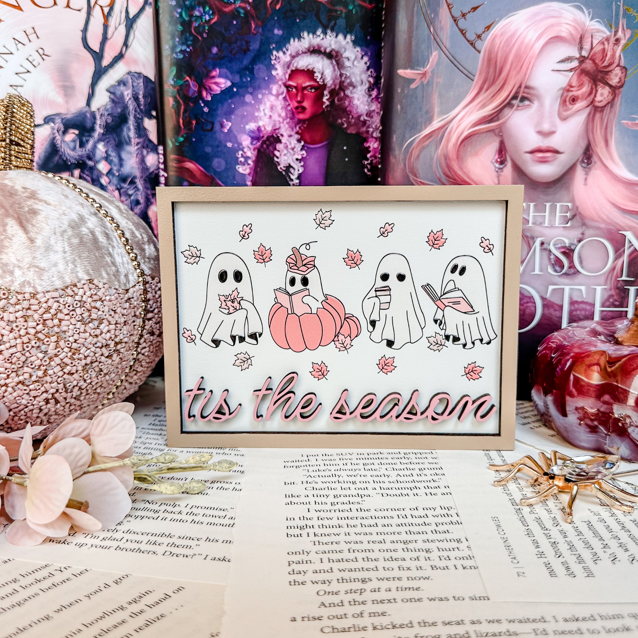 Tis the Season Ghosts Sign - Pink Fall version. A decorative wooden sign featuring UV-printed cartoon ghosts, pumpkins, and the phrase 'tis the season'. FireDrake Artistry 2025