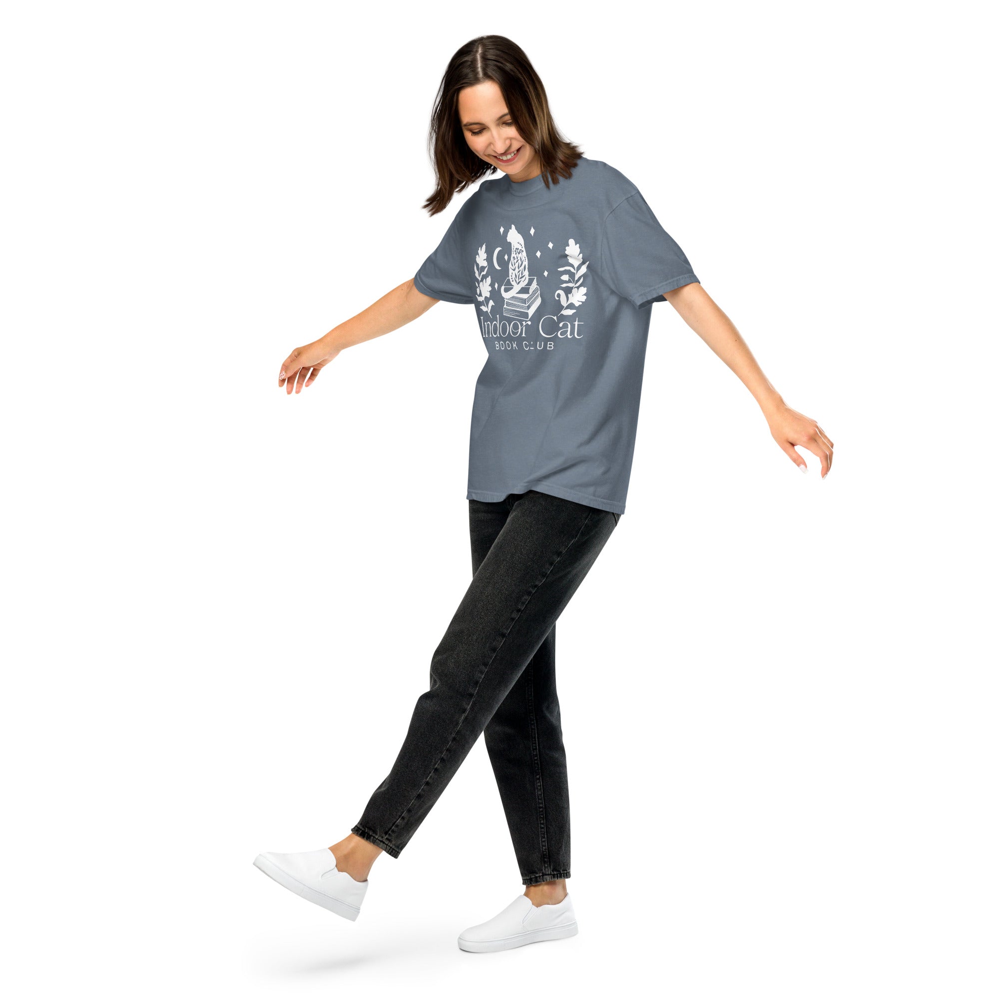 FireDrake Artistry™ Indoor Cat t-shirt, comfort colors brand in blue jean, white design
