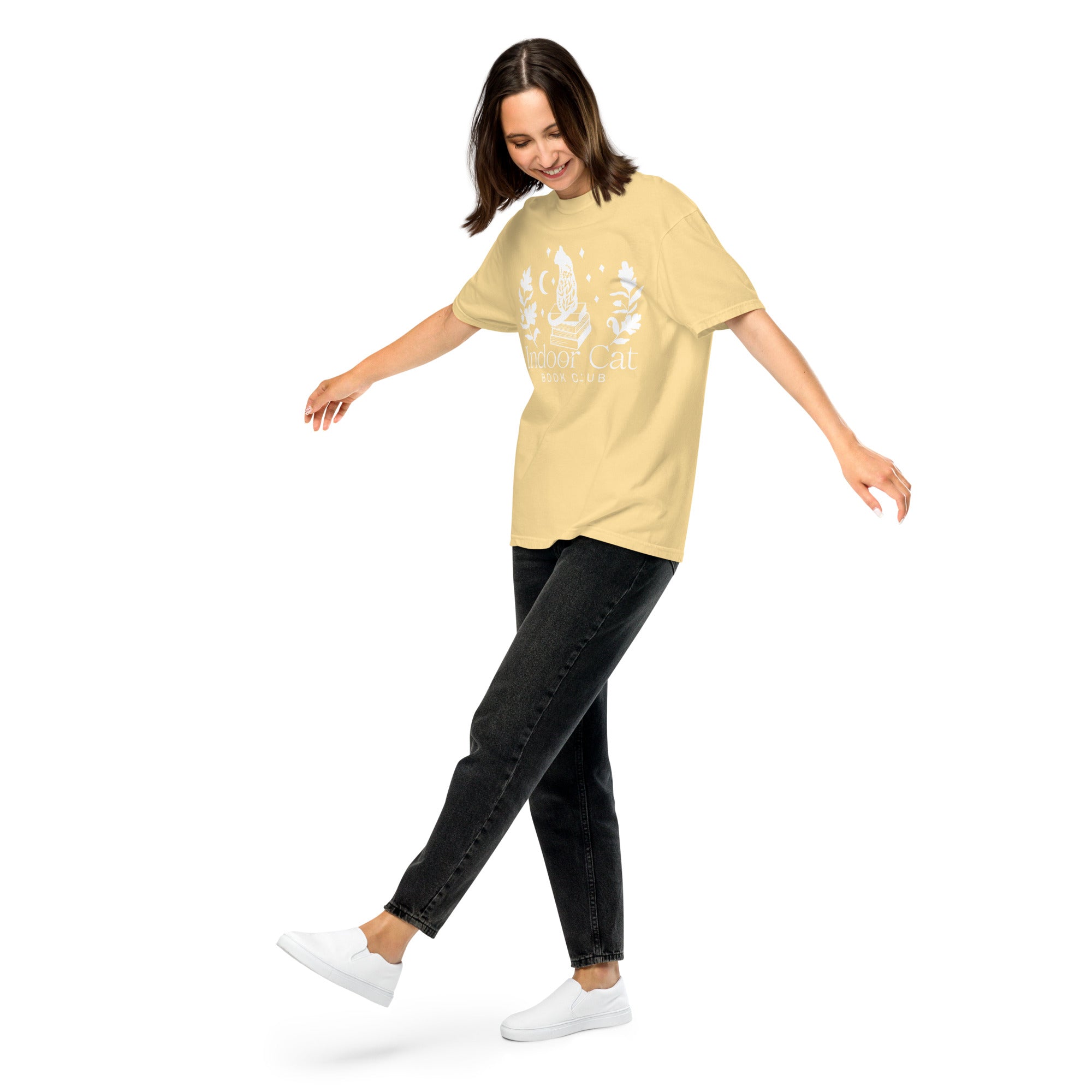 FireDrake Artistry™ Indoor Cat t-shirt, comfort colors brand in butter, white design