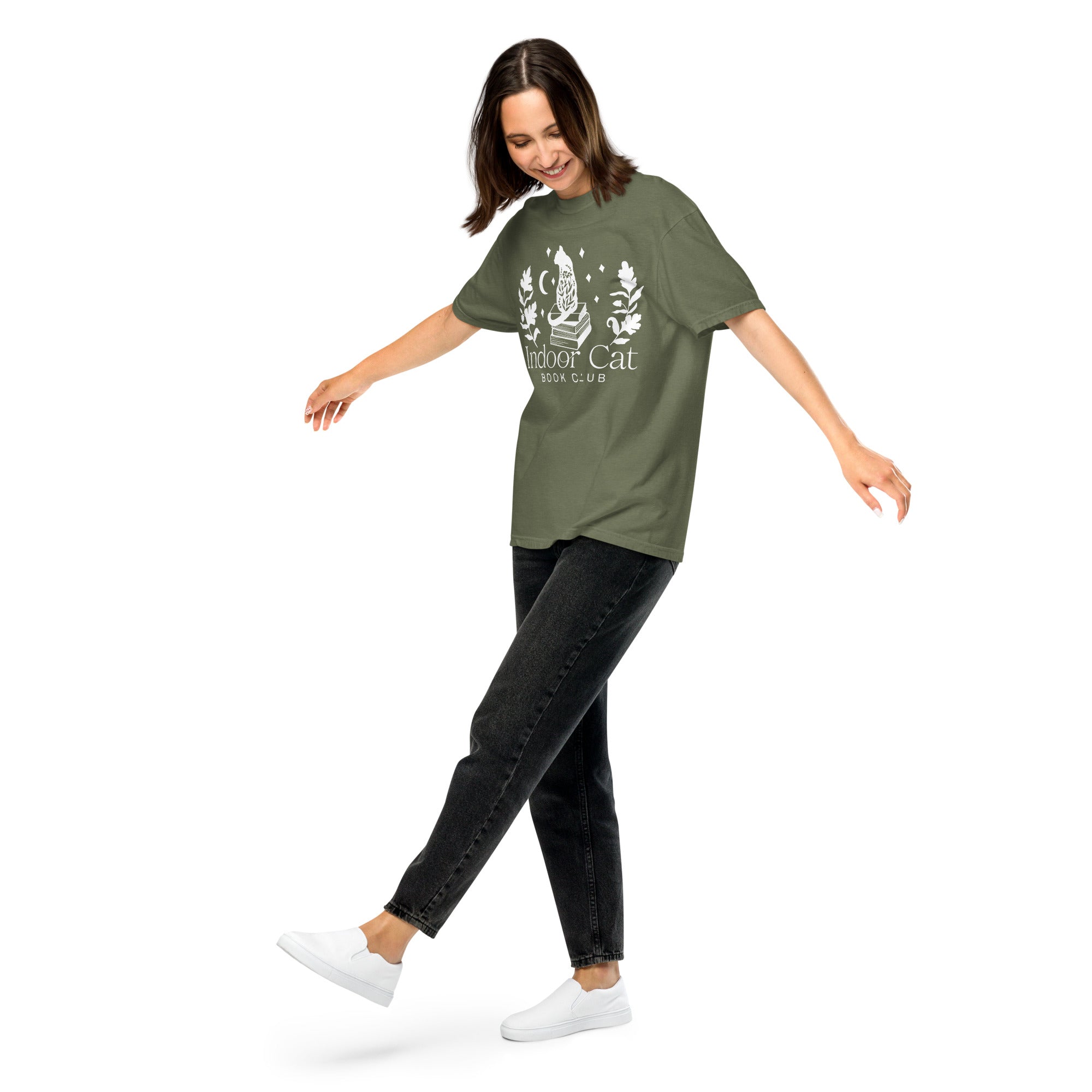 FireDrake Artistry™ Indoor Cat t-shirt, comfort colors brand in moss, white design