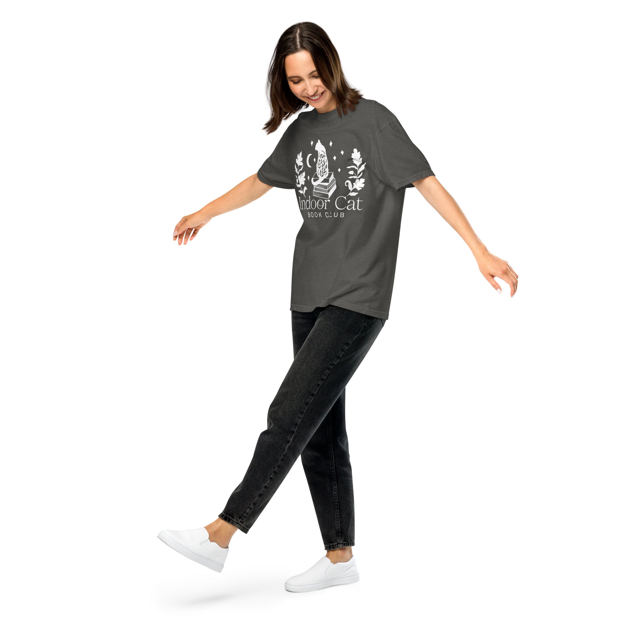 FireDrake Artistry™ Indoor Cat t-shirt, comfort colors brand in pepper, white design