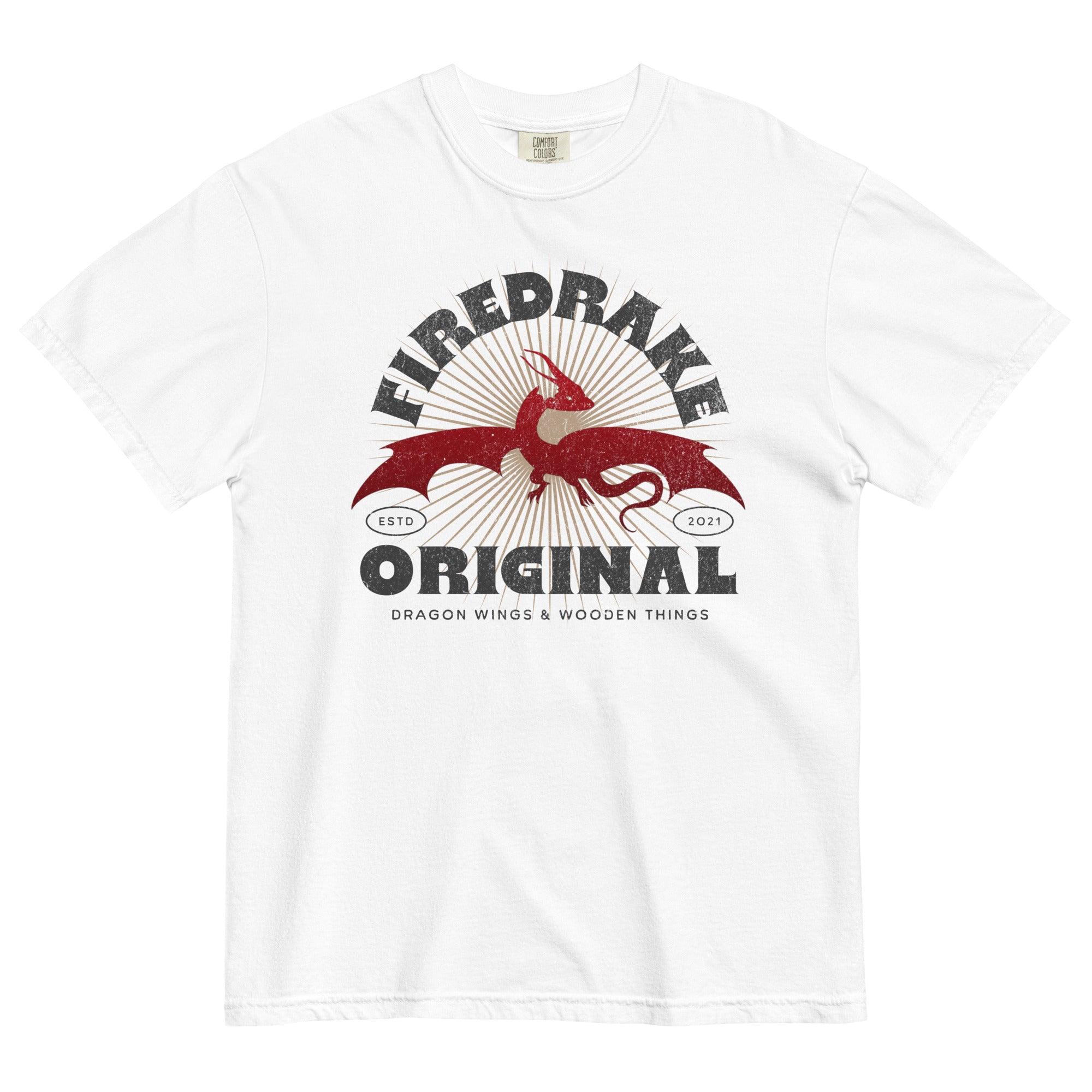 "FireDrake Original - Dragon Wings & Wooden Things" T-Shirt by FireDrake Artistry™, white color
