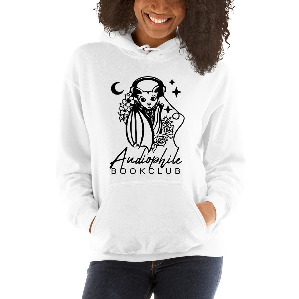 Audiophile Bookclub white hoodie from FireDrake Artistry™. 