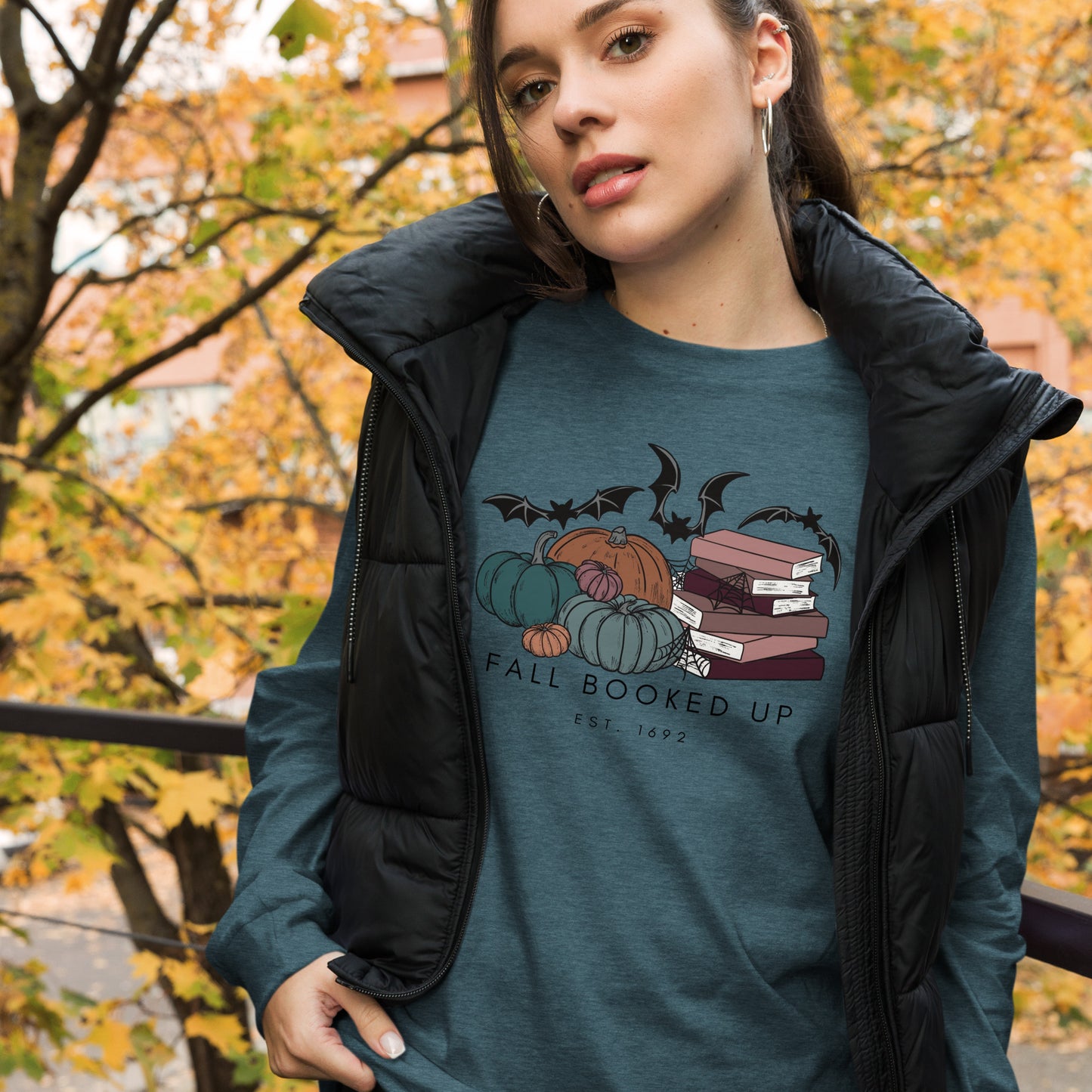 Fall Booked Up Unisex Long Sleeve Tee - Multicolor Books for FireDrake Artistry