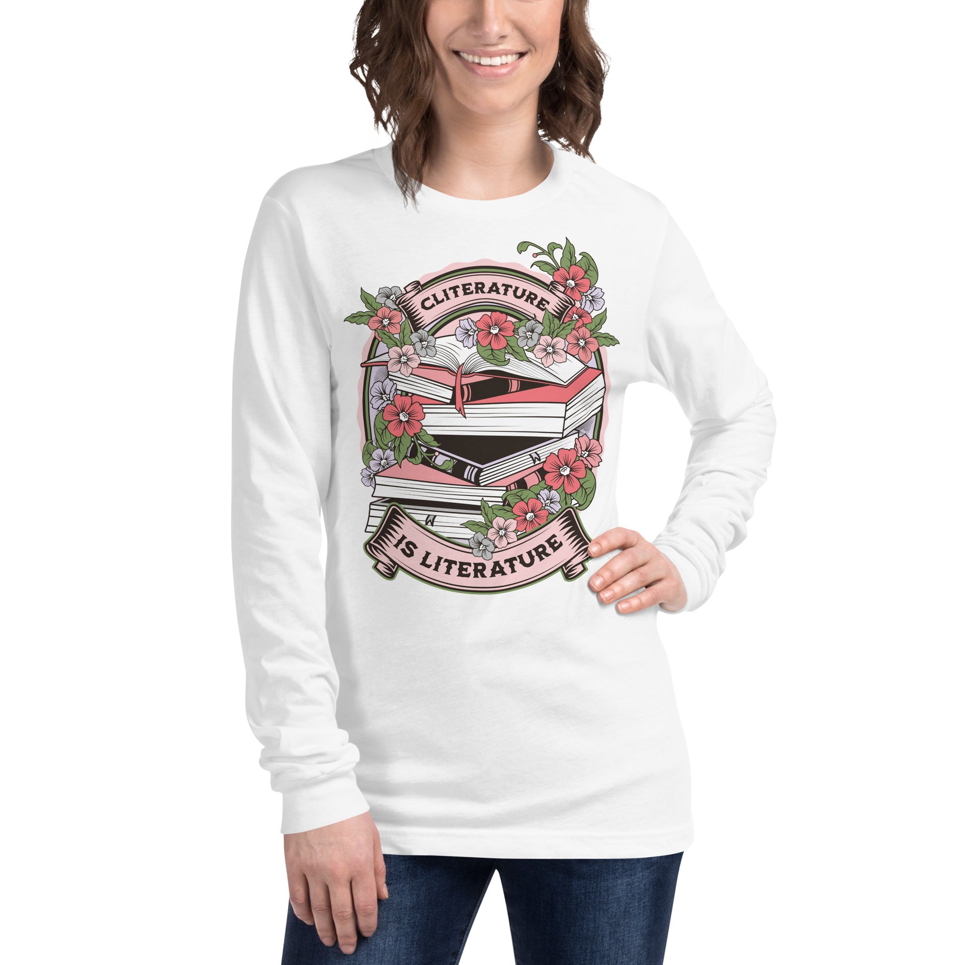 Cliterature is Literature Spring Bookstack Unisex Long Sleeve Tee for FireDrake Artistry 