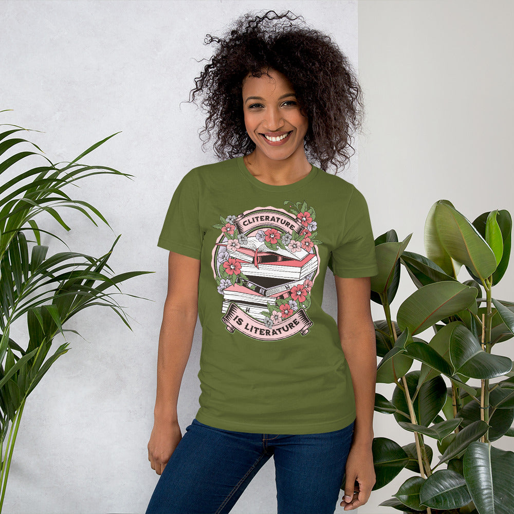 Cliterature is Literature Spring Bookstack Unisex t-shirt  for Fire Drake Artistry 